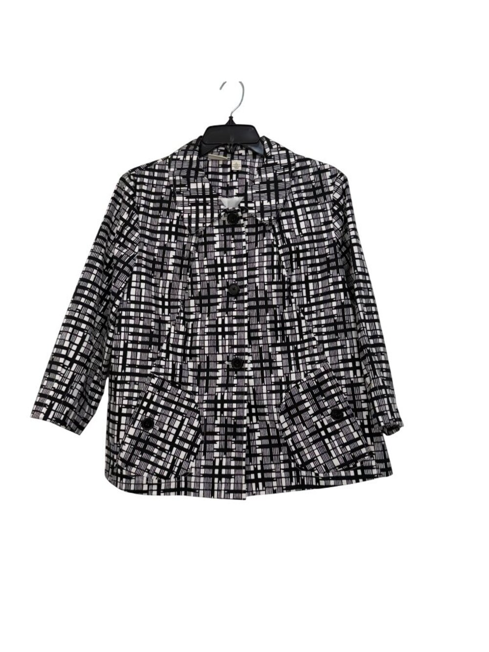 Kim Rogers Womens Black & White Plaid Button-Up Jacket L 3/4 Sleeves Full Lined